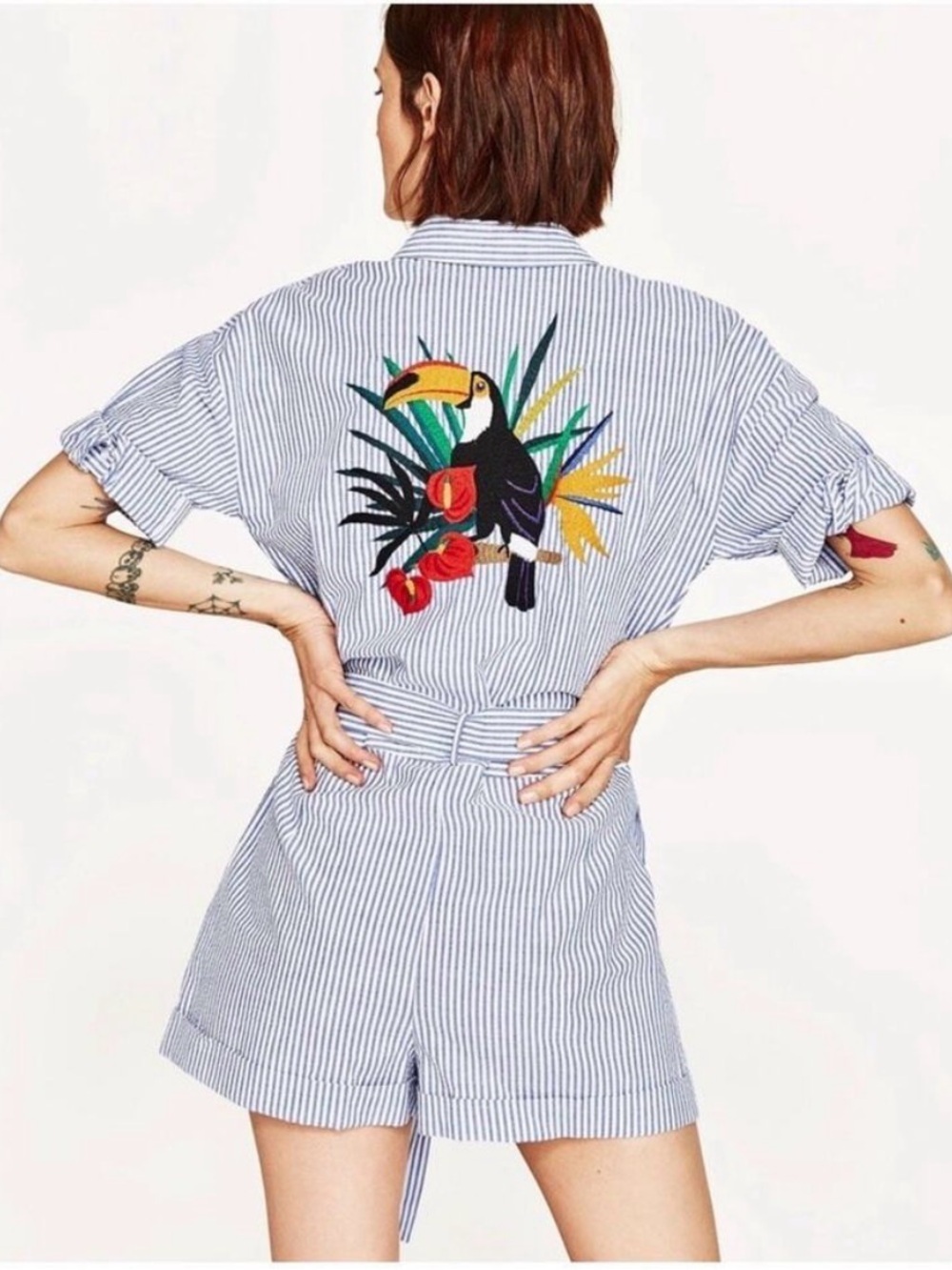 Zara Blue Striped Seer Sucker Romper with Toucan Embroidery